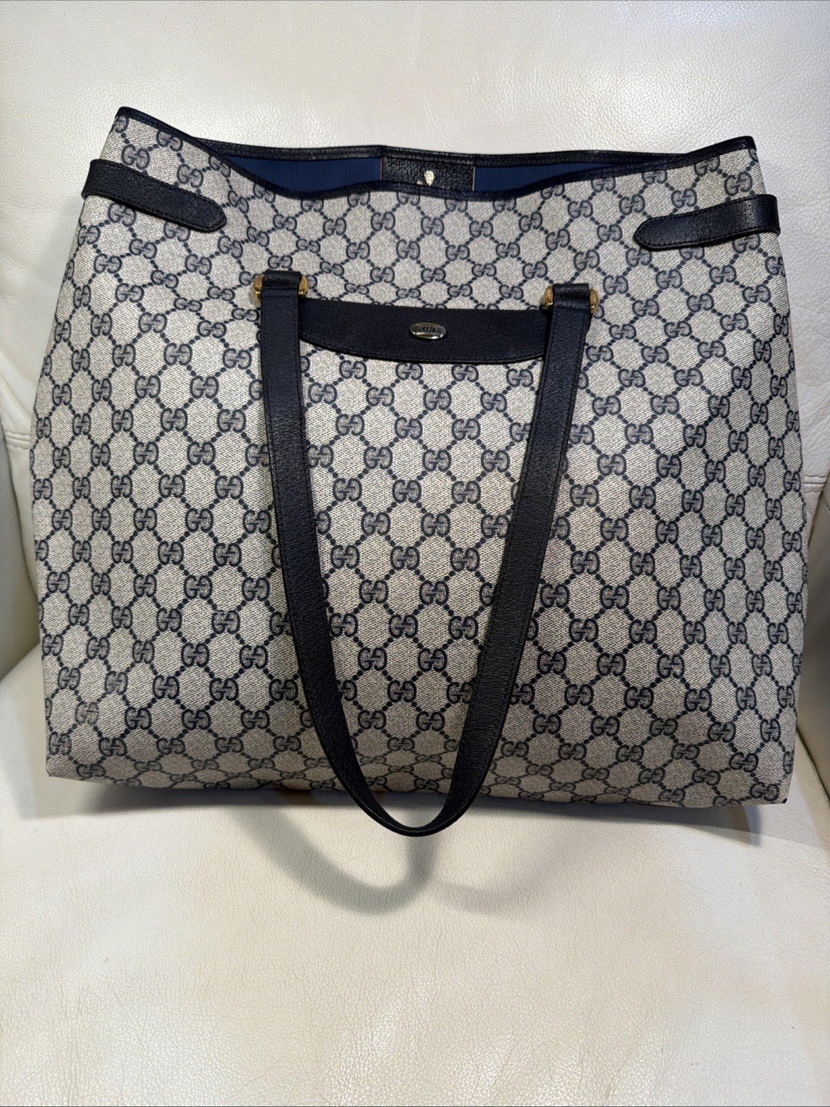Gucci Tote Shoulder Bag Coated Canvas Gray Navy GG Pattern Accessories Collectio