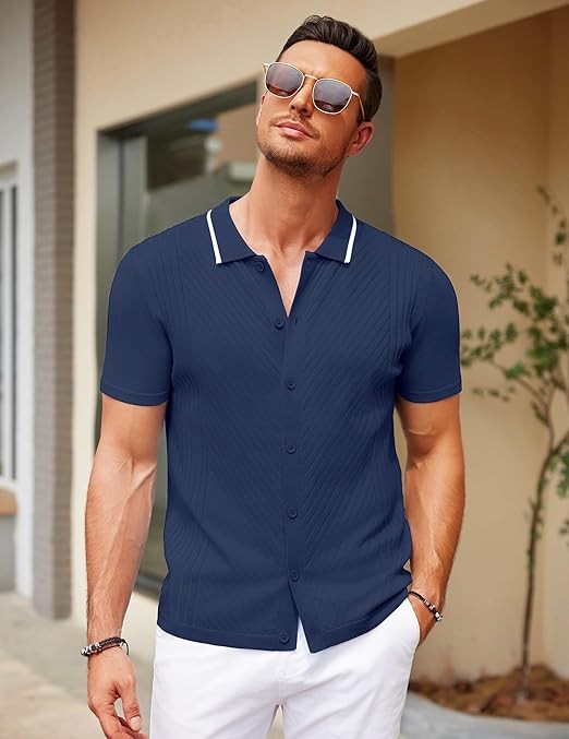 Men’s Knit Short Sleeve Shirts Button Down Vintage Knitted Polo Shirt