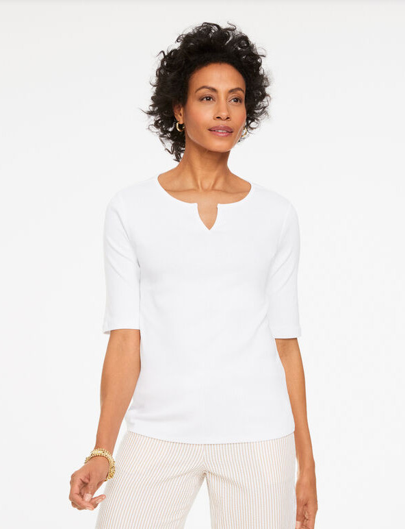 Talbots Women Elbow Sleeve Split Neck Tee, WHITE (NEW WT)