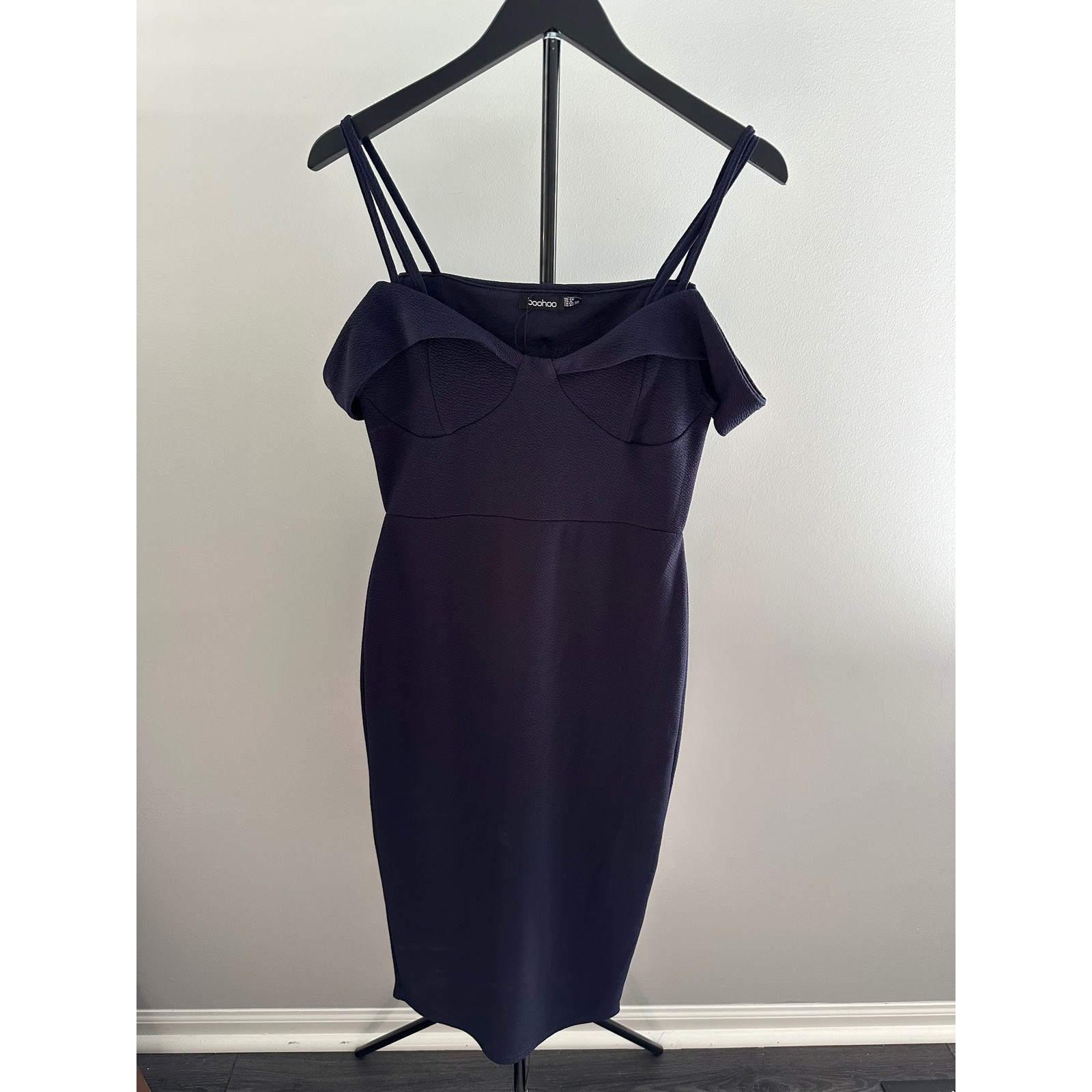 Boohoo Navy Blue Cold Shoulder Bodycon Midi Dress Double Strap Size 8