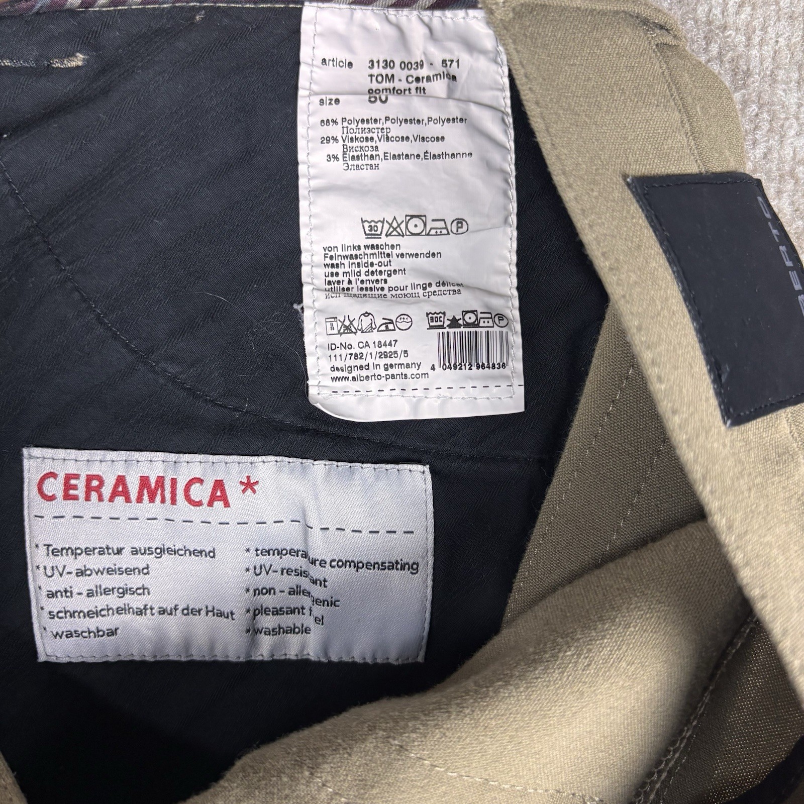 ALBERTO Ceramica Men’s Beige Twill Stretch Comfort Fit Straight Pants Size 34