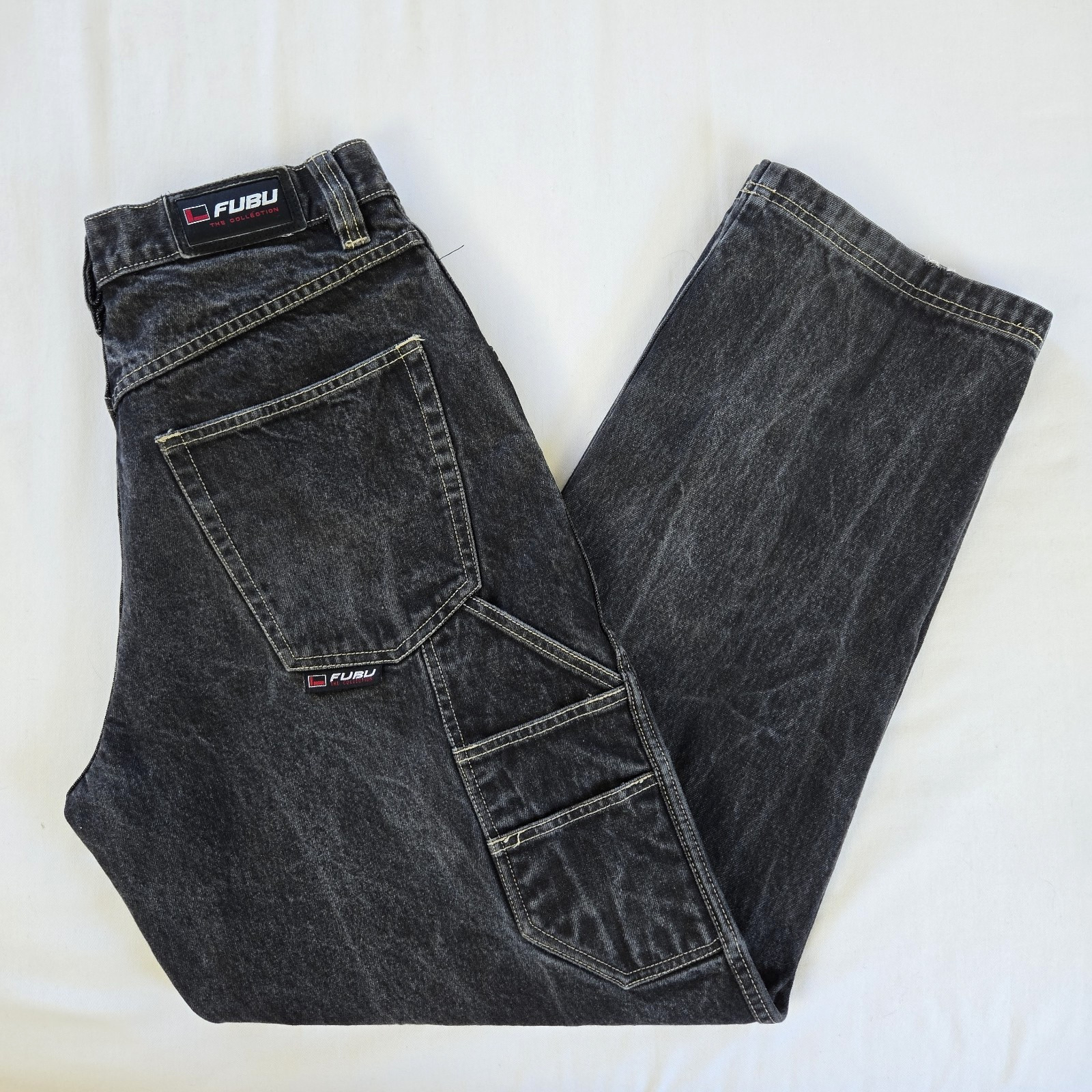 VTG 90s FUBU Black Denim Carpenter Cargo Jeans Baggy Fit Mens 32×34 (30×33.5)