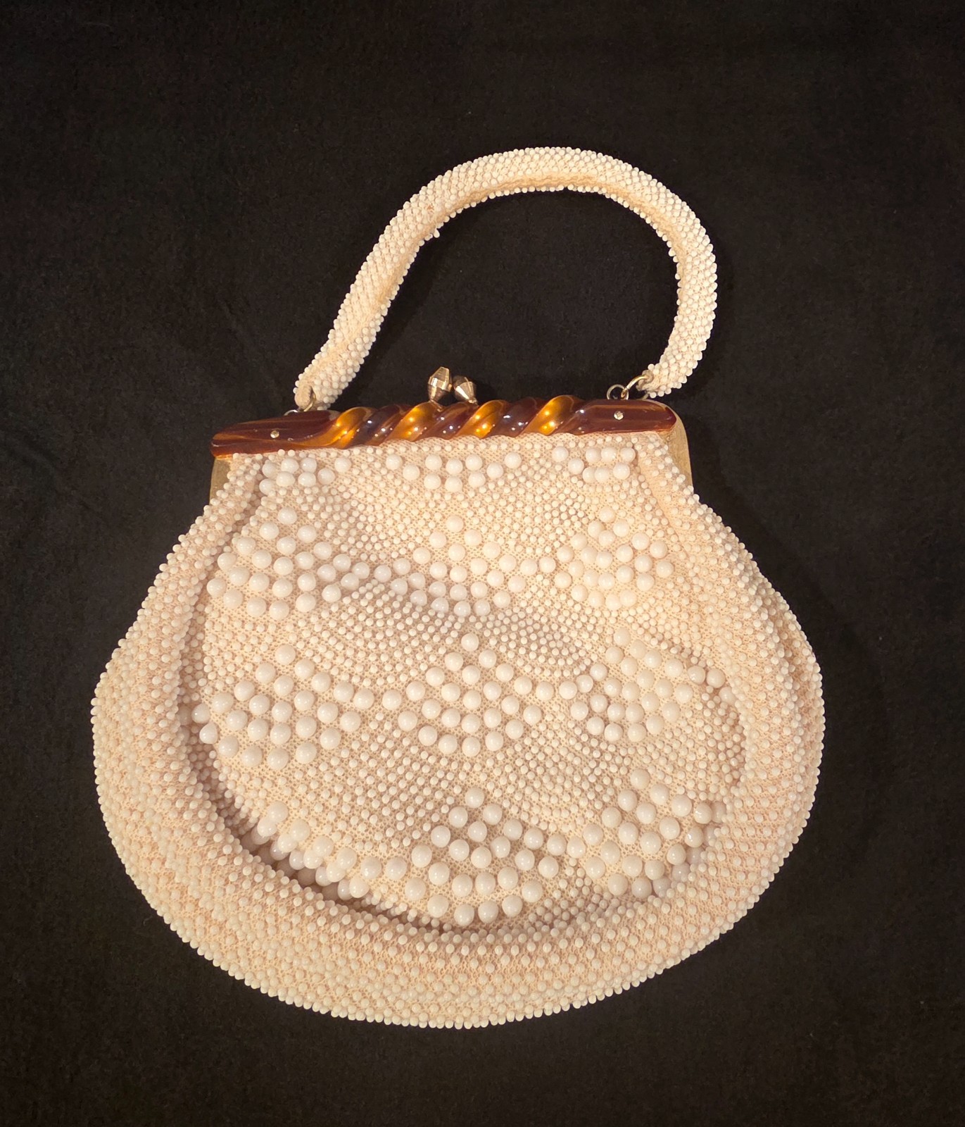 Vintage 1960s Milk Glass Beaded Handbag with Tortoiseshell Lucite Top Frame