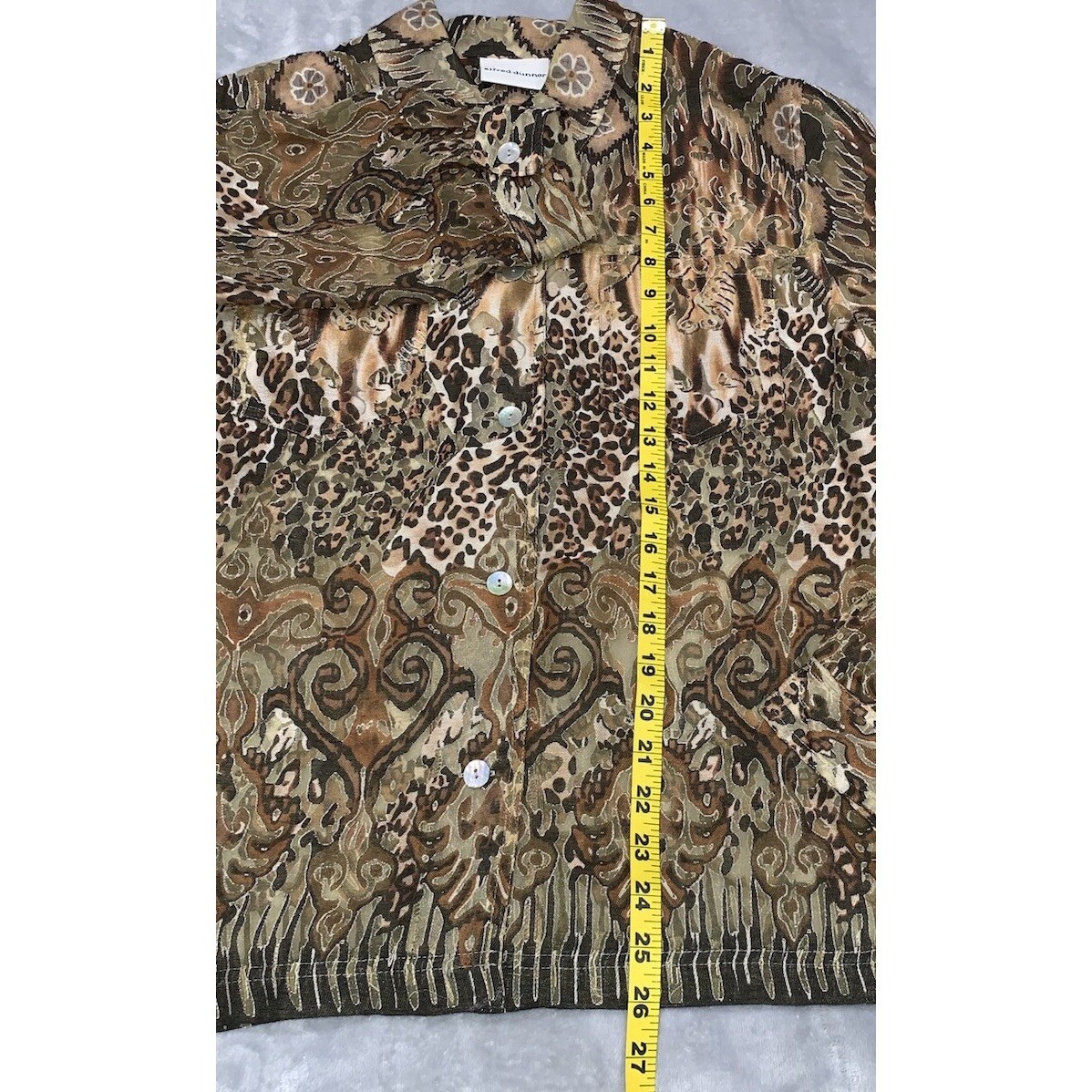 Alfred Dunner Button Up Blouse Women Size 16 Browns Semi Sheer Collared Cheetah