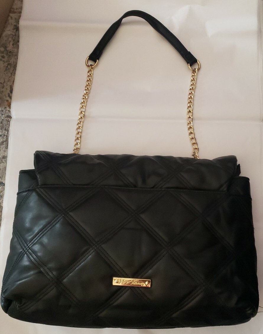 Betsey Johnson XO Phoebe Nylon Shoulder Bag Quilted chain strap Black