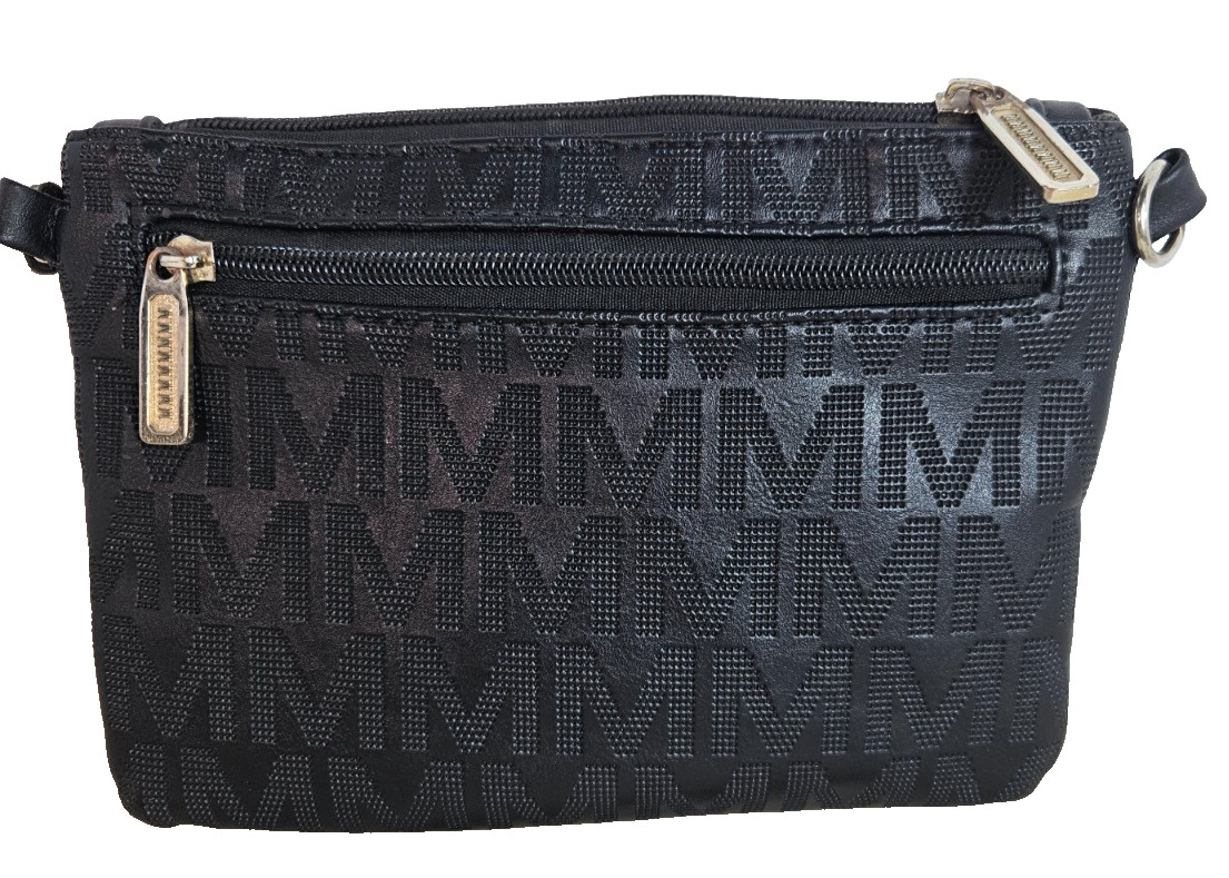 M Collection Black Monogram Crossbody Bag Rhinestone Logo Multi Zip Pockets