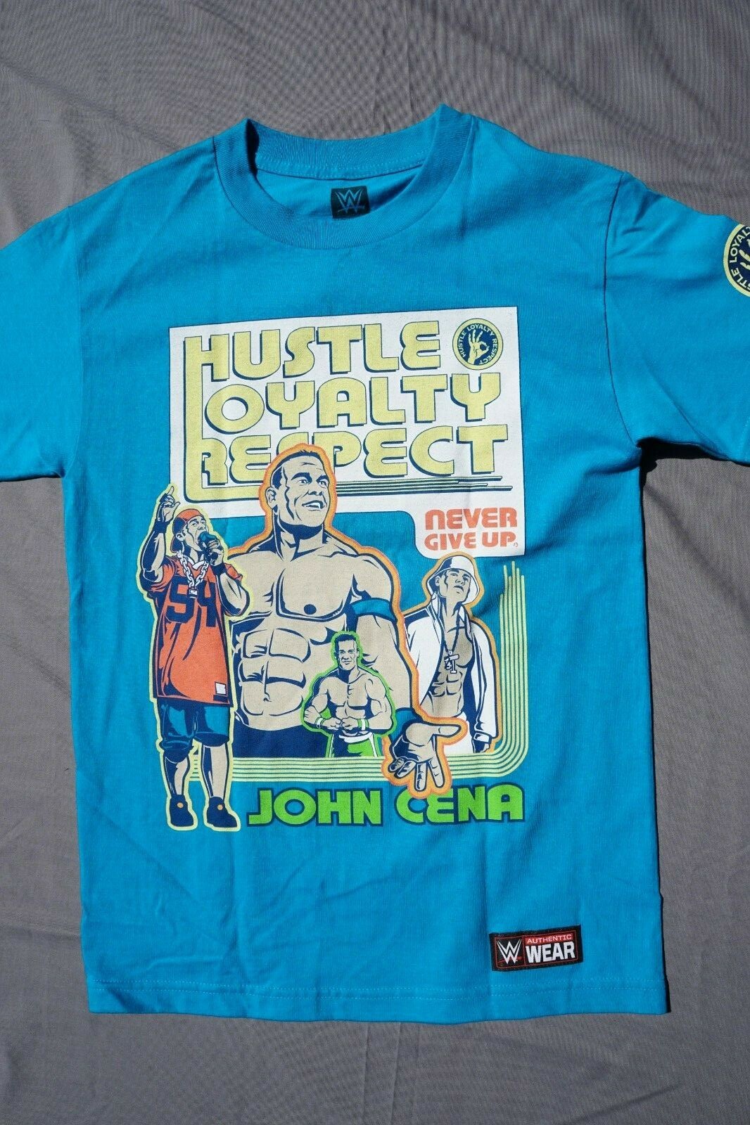 WWE John Cina Hustle Loyality Respect Never Give Up Graphic Tee Shirt. S, EUC!!
