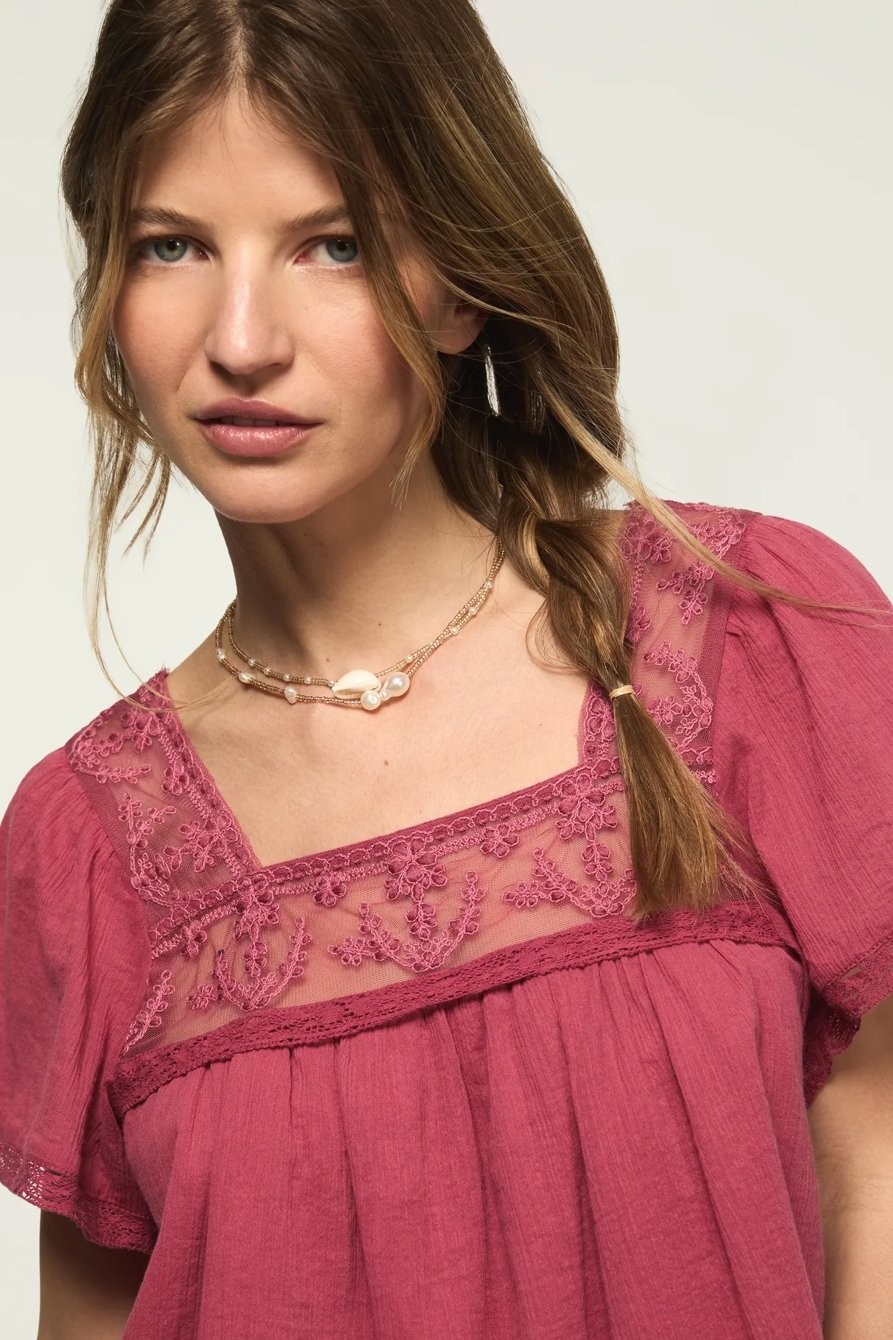 Lucky Brand Mesh Lace Square Neck Blouse Rose Wine Pink Women’s Large L