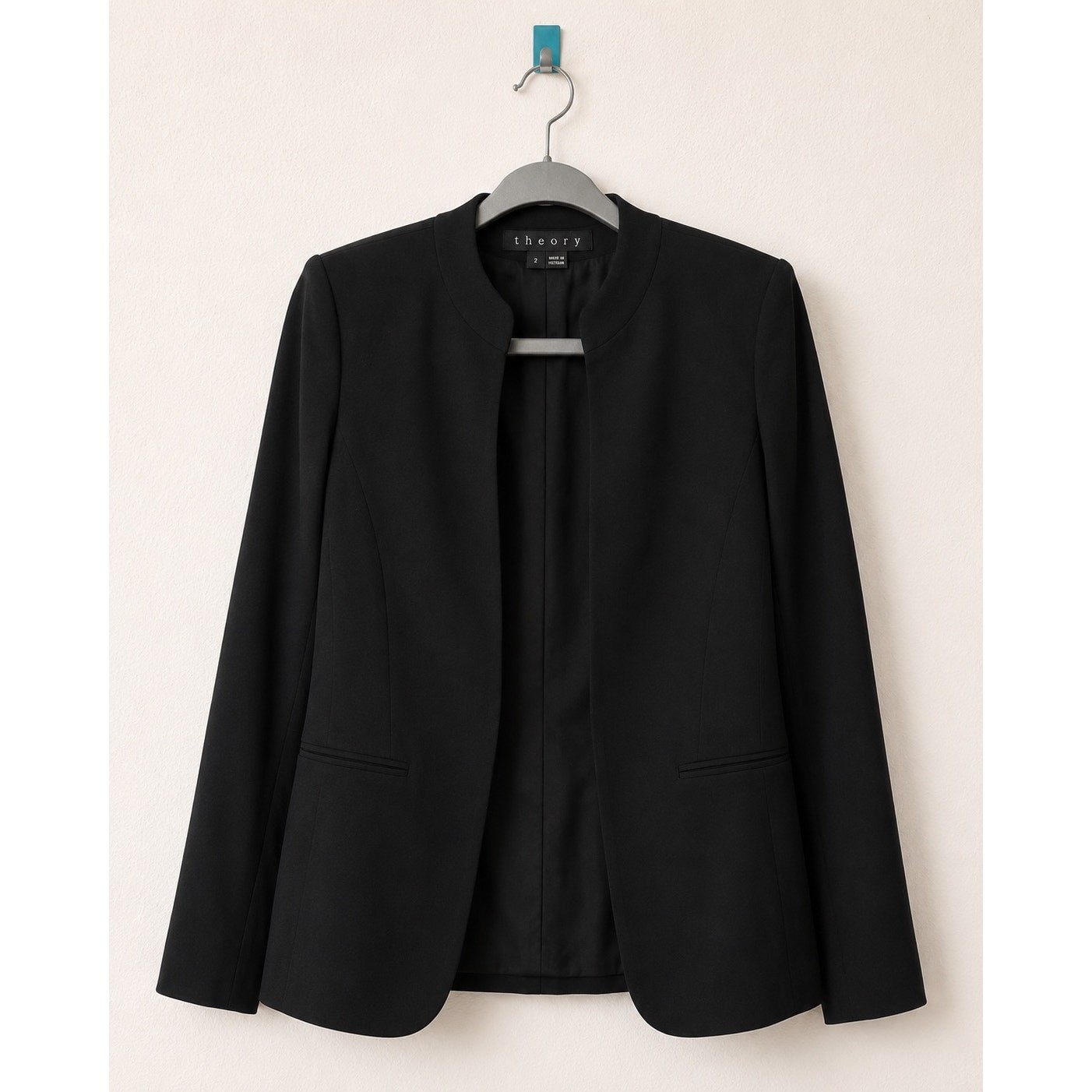 Theory Black Virgin Wool Open Front Collarless Blazer Jacket Size 2