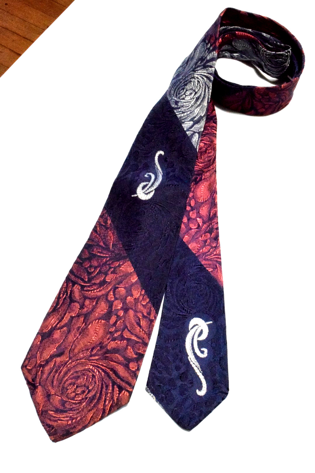 Neck Tie VTG Wembley 50s Rose Navy Silverish Block Brocade 1 Design 51 x 2.75″