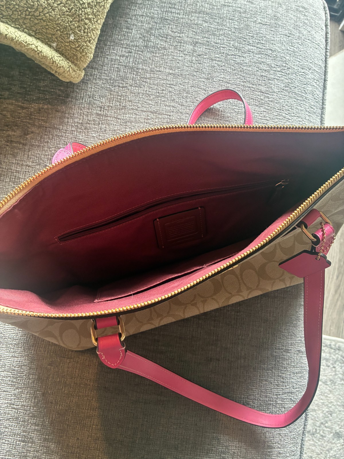 “COACH Signature Canvas Zip Top Tote Bag Khaki Beige Pink Petunia Leather Trim”