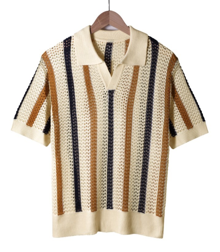 Men’s V-Neck Collared Knit T-Shirt Hollow Out Striped Short Sleeve Tee