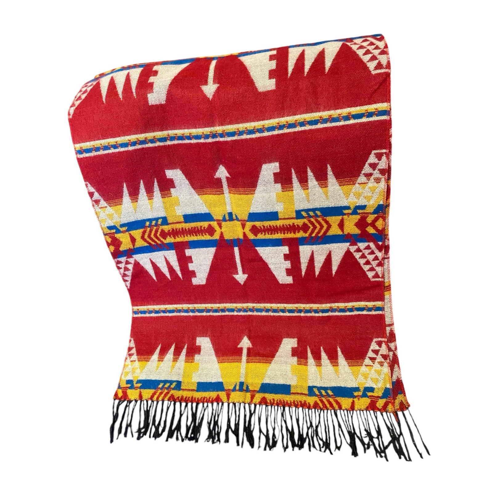 Vintage Aztec Scarf with Fringe Unisex Red Yellow Size in Pictures Decor