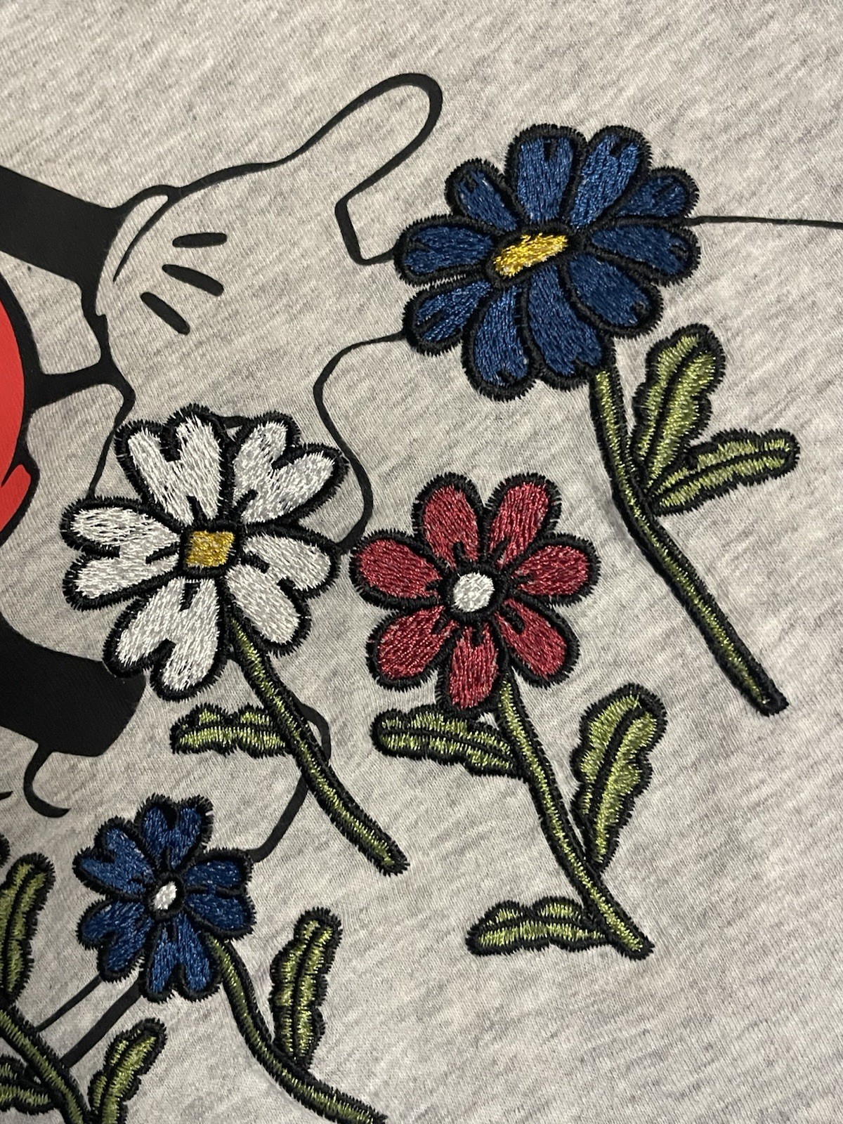 Disney Mickey Mouse Heather Gray Tee Embroidery Flowers & Butterfly’s Size Large