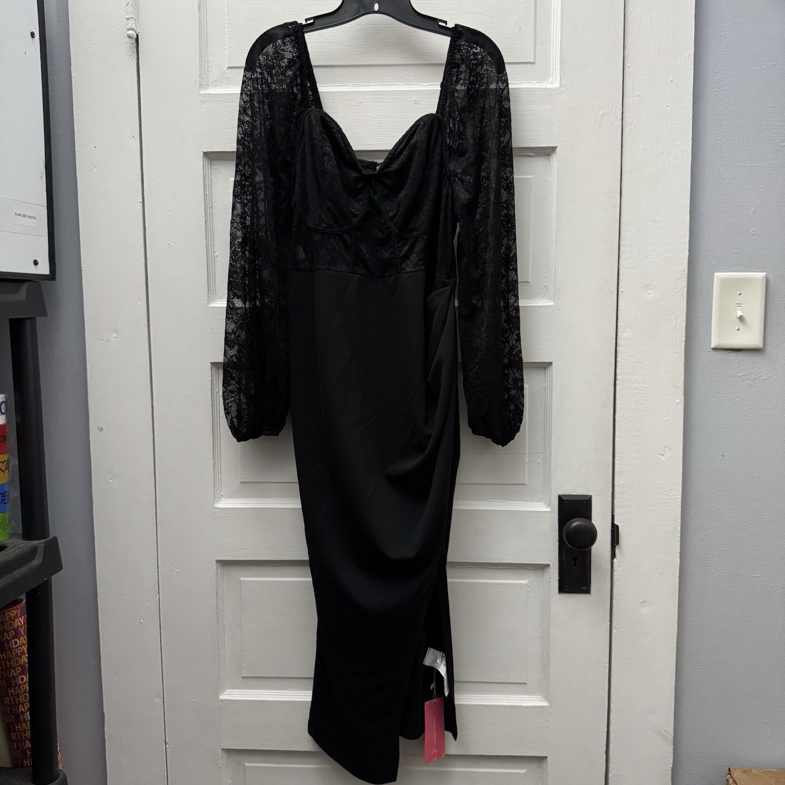 NWT SHEIN Belle Curve 2XL Black Lace Sleeve Midi Dress Sweetheart Slit Plus