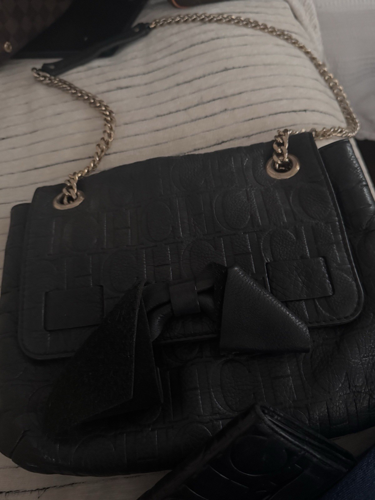 Carolina Herrera CH Small Black Monogram Shoulder Bag Bow Chain Strap Coin Purse