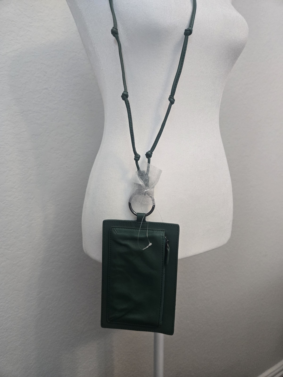 Green Faux Leather ID/Document Holder Lanyard Card Case w/ Credit Card Slot