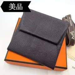 HERMES Bastia H-engraved Coin Purse Black Leather