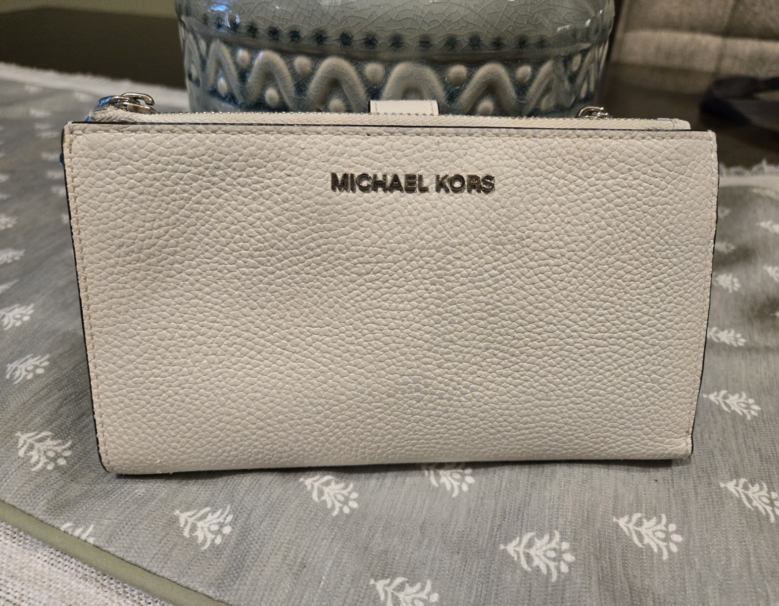 Michael Kors Pebbled White Leather Wallet with Multiple Zippers & Snap Closure