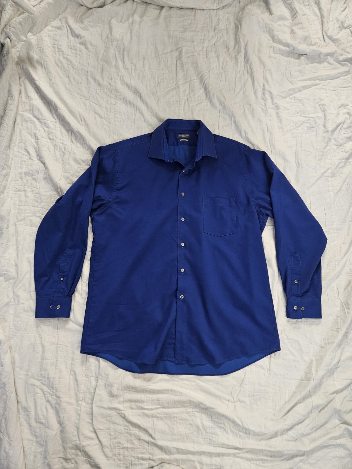 Van Heusen Flex Mens Dress Shirt 17 34/35 Blue Regular Fit Stretch Long Sleeve