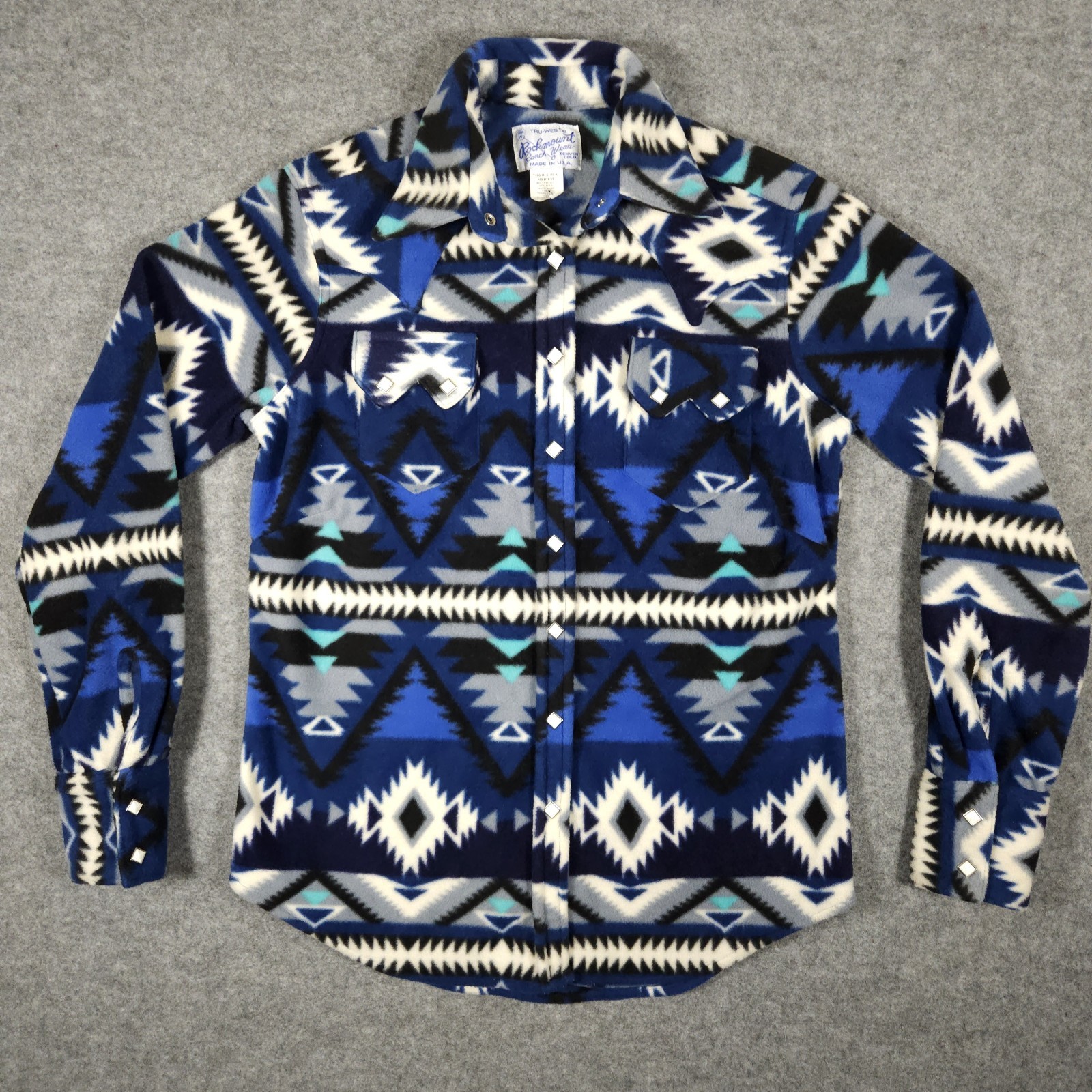Rockmount Ranchwear Shirt Medium Men Western Blue Southwest Aztec USA Pearl Snap