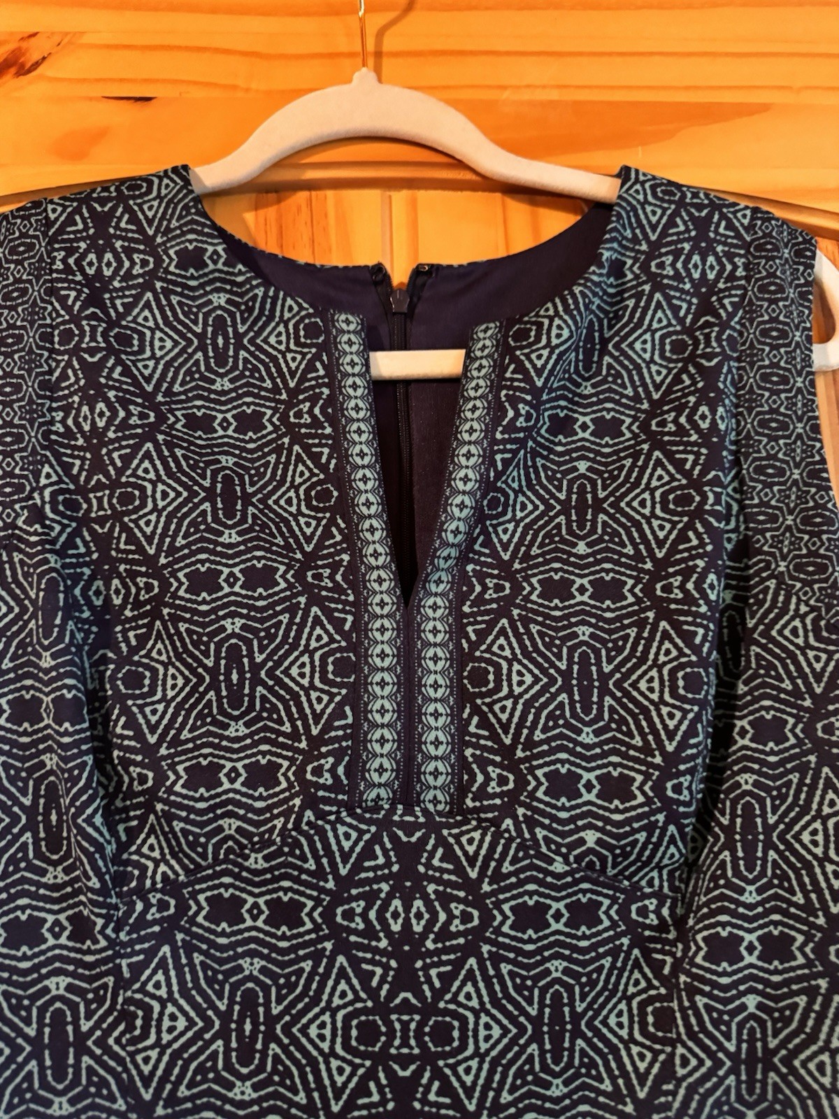 Adorne Navy Teal Geometric Sheath Dress Sleeveless Zip Size 8 Knee Length