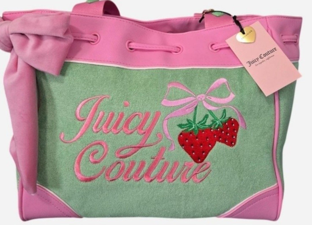 Juicy Couture Pink & Green Tote Strawberry Embroidery Bow Charm Tag Drawstring