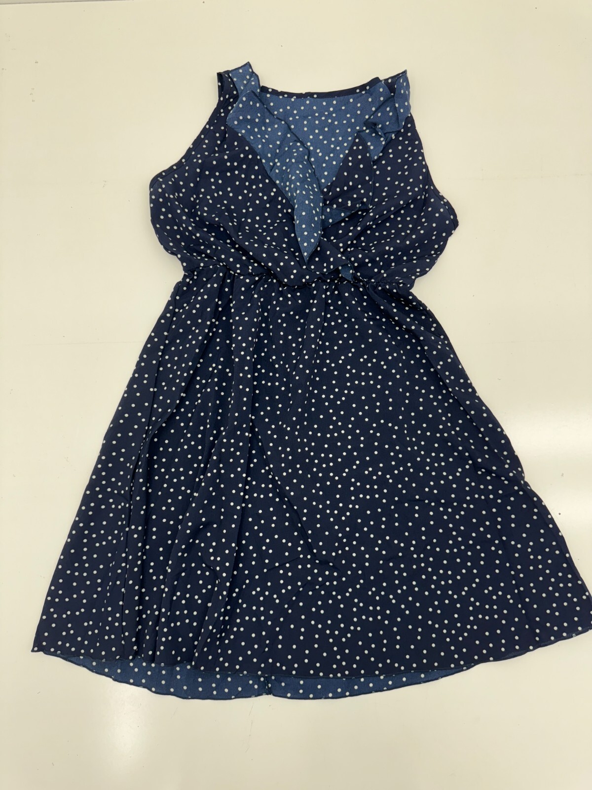 Shein Dark Blue White Polkadot Sleeveless V Neck Dress Womens Size Medium