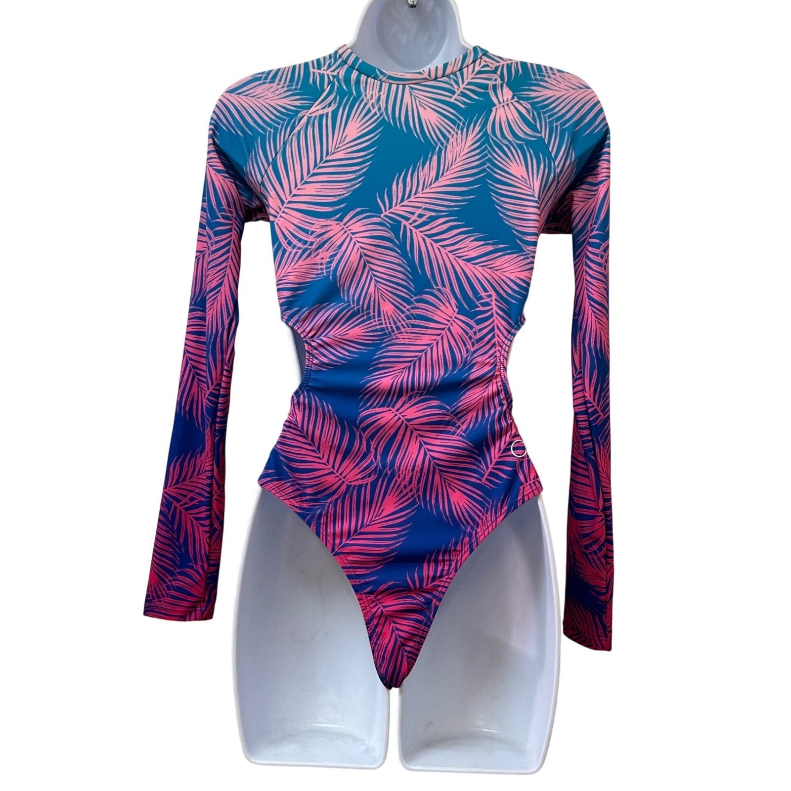 Ocean Pacific Womens Small Long Sleeve One Piece Swimsuit Palm Print Cutout Blue