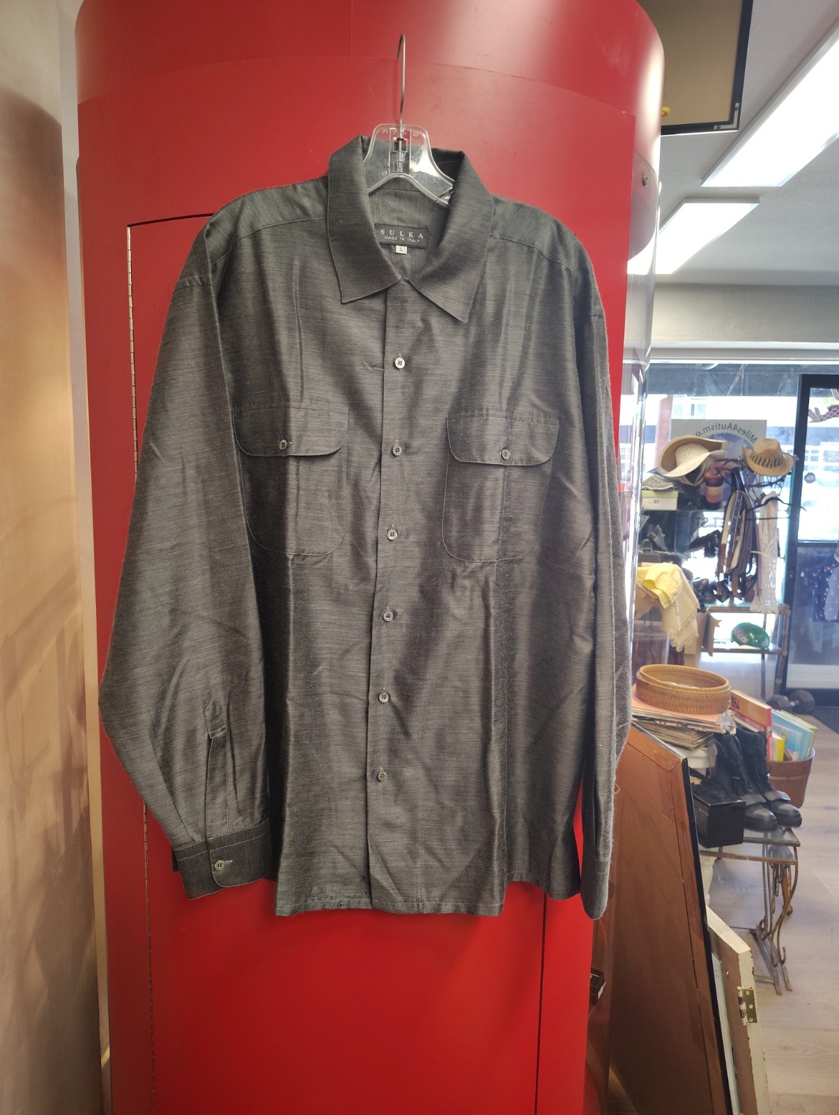 Rare Sulka Shirt Mens L Flawed, Silver Titanium, Silk/Cashmere