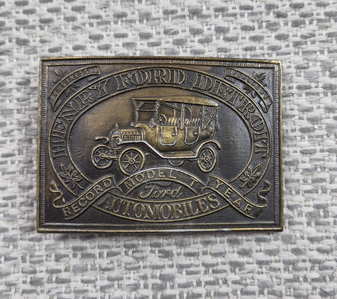 Vintage Ford Belt Buckle Mens Silver Model T Automobiles Rectangular Western