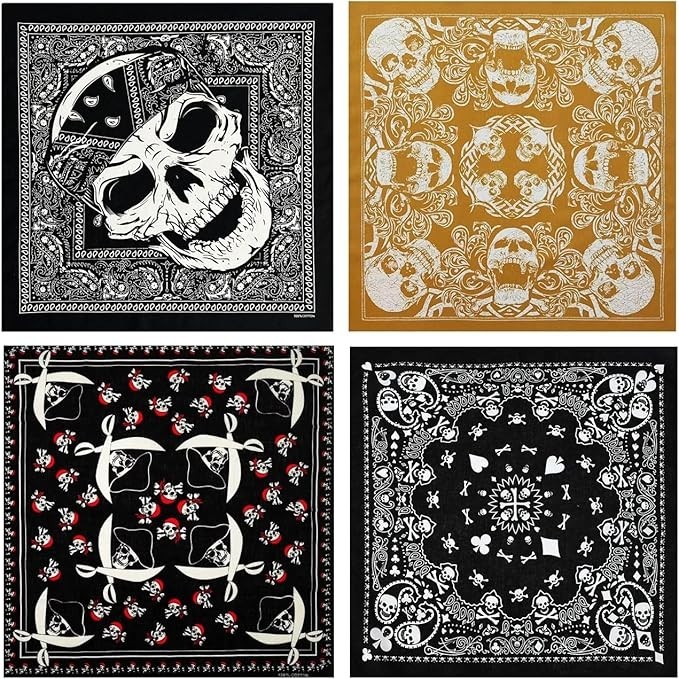 Bycc Bynn 4-Pack 100% Cotton Bandana Set, Vintage Graphic Print, 22×22 inches