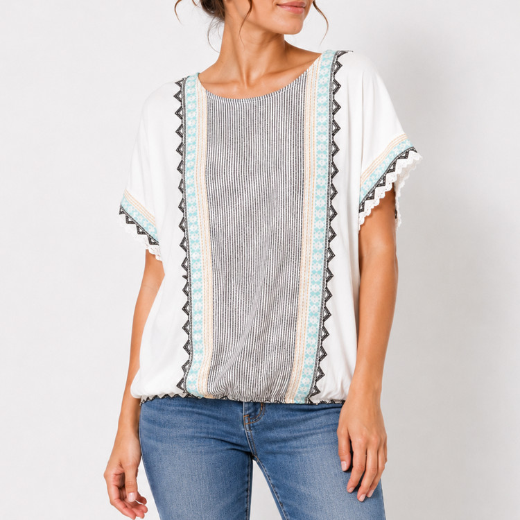 Democracy XL White Boho Embroidered Dolman Batwing Rayon Peasant Blouse Top