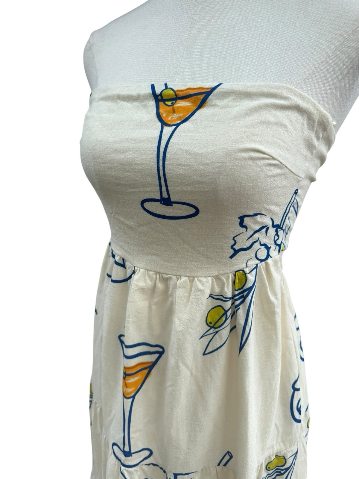 Strapless Martini Print Maxi Dress Small Coastal Vacation Olive Wine Resort Wear
