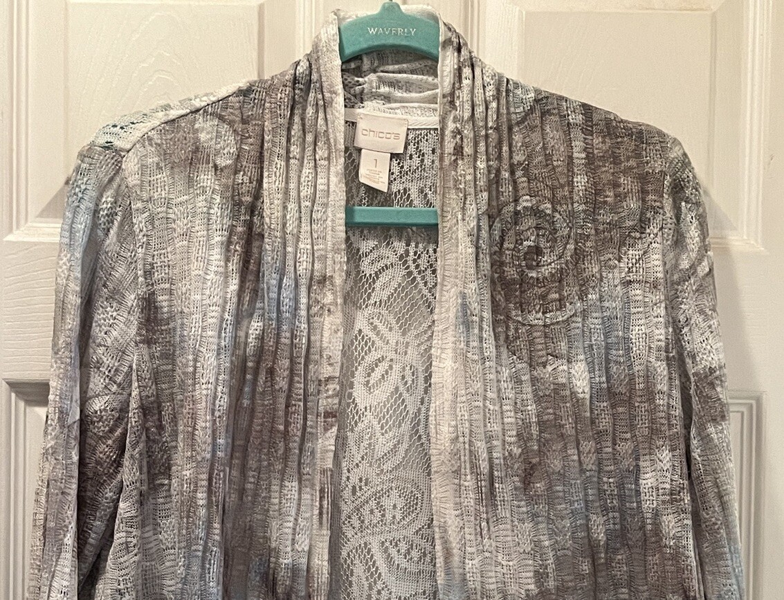 Chico’s Size 1 Lightweight Open Jacket Gauze Lace L/S Ivory/Gray/Blue Beauty