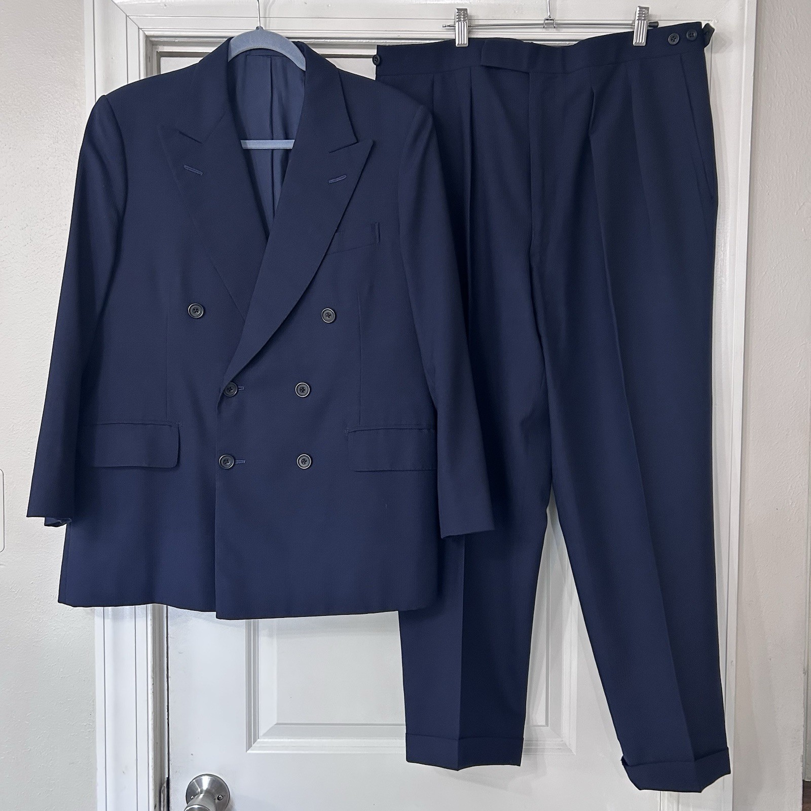CHITTLEBOROUGH & MORGAN Savile Row Bespoke Suit 42R Navy Double Breasted VTG