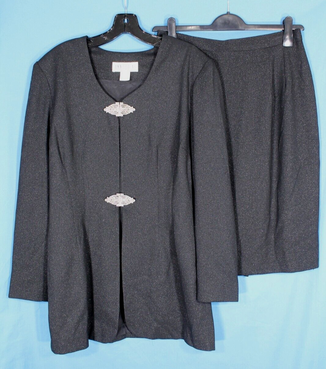 VTG ANN TOBIAS Black SILVER SHIMMER Rhinestone Clasp JACKET/SKIRT SUIT SET Sz 12