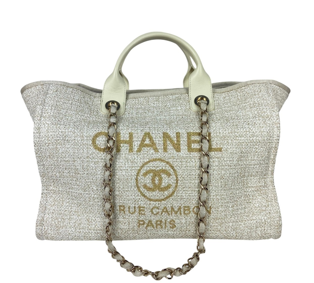 Chanel White/Gold Canvas Lurex Medium Deauville Tote Bag