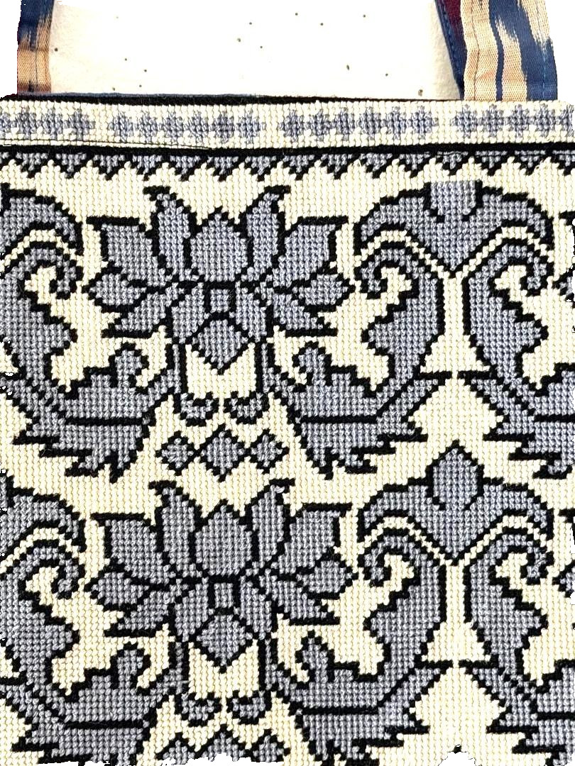 TOP QUALITY CROSS STITCHED HAND EMBROIDERED UZBEK SILK TOTE BAG