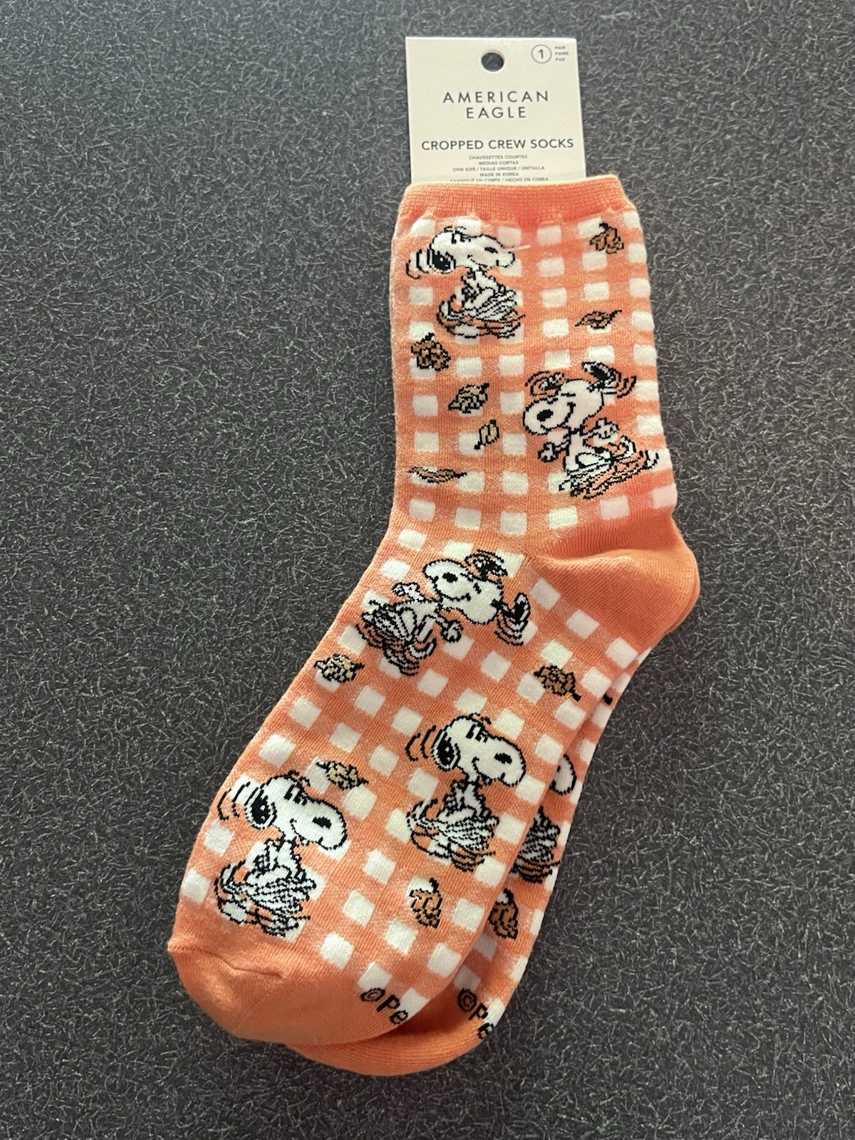 American Eagle Snoopy Gingham Fall Leaves Crew Socks NWT