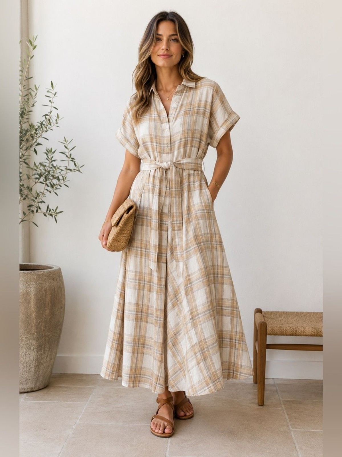 Lafayette 148 New York 100% LINEN Plaid Dress Size L
