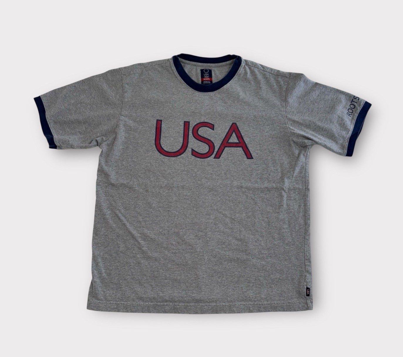Vintage Roots USA Olympic Ringer T-Shirt Men’s Size Large Gray Short Sleeve 2004