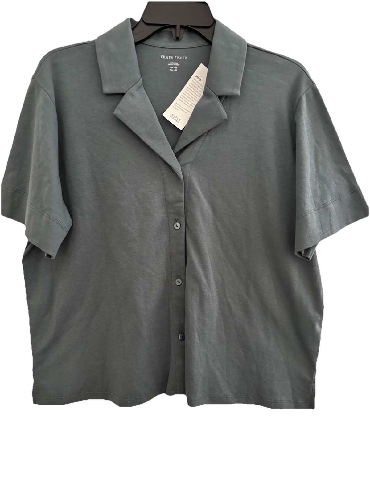 Eileen Fisher Organic Cotton Interlock Notch Collar Sleep Shirt Eucalyptus M NWT