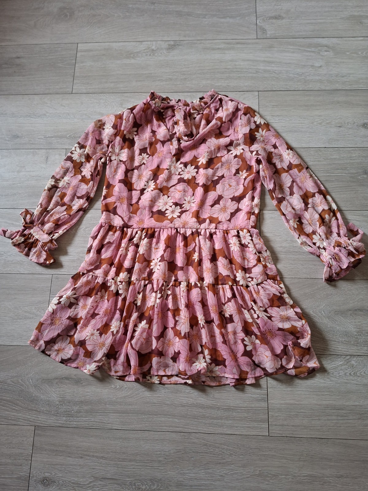 Brown & Pink Floral Flared Smock Dress Tiered Frill Party Sheer Boho Retro UK14