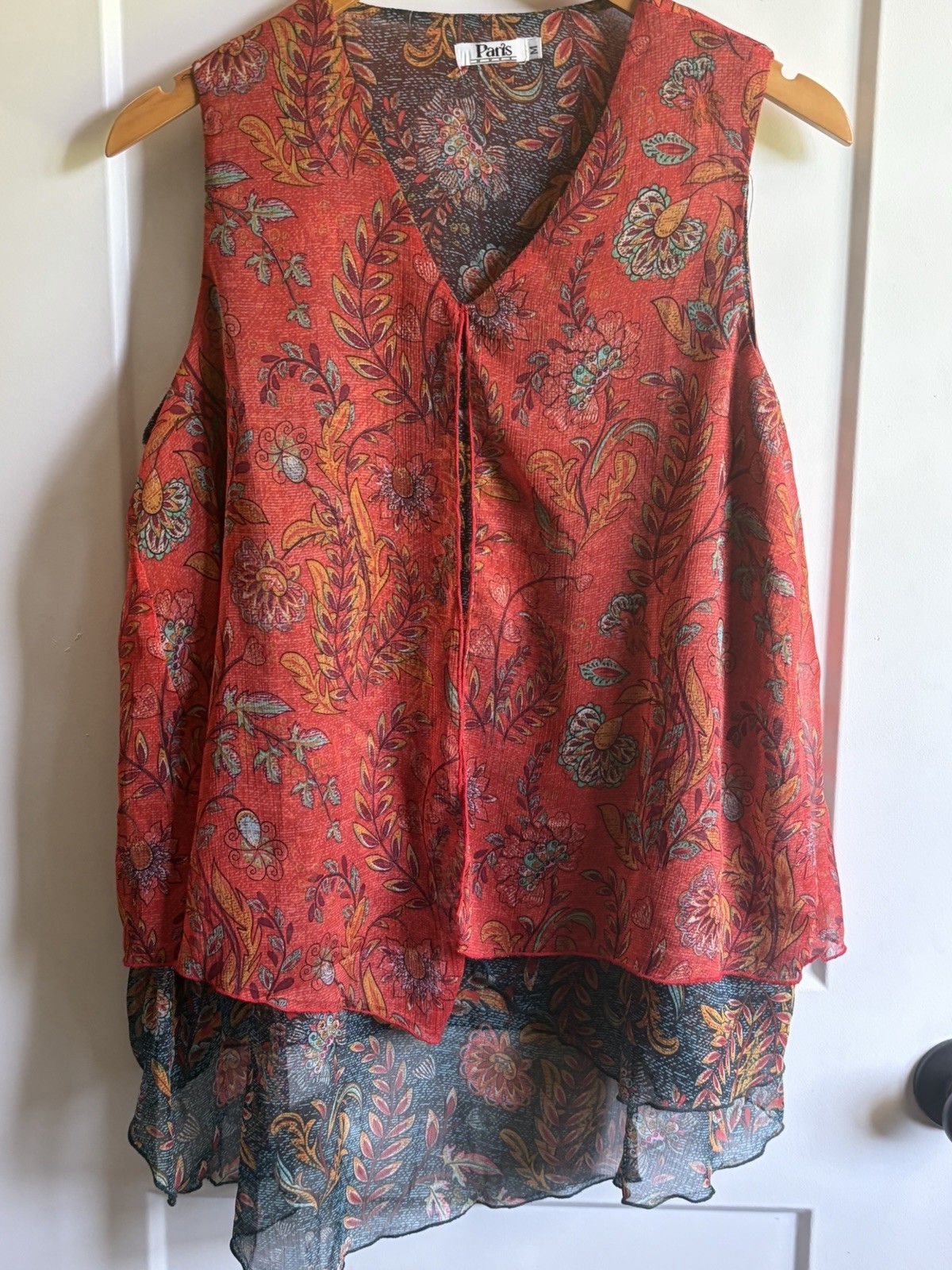 Paris Floral Chiffon Blouse Red Sheer Layered V-Neck Sleeveless Size M
