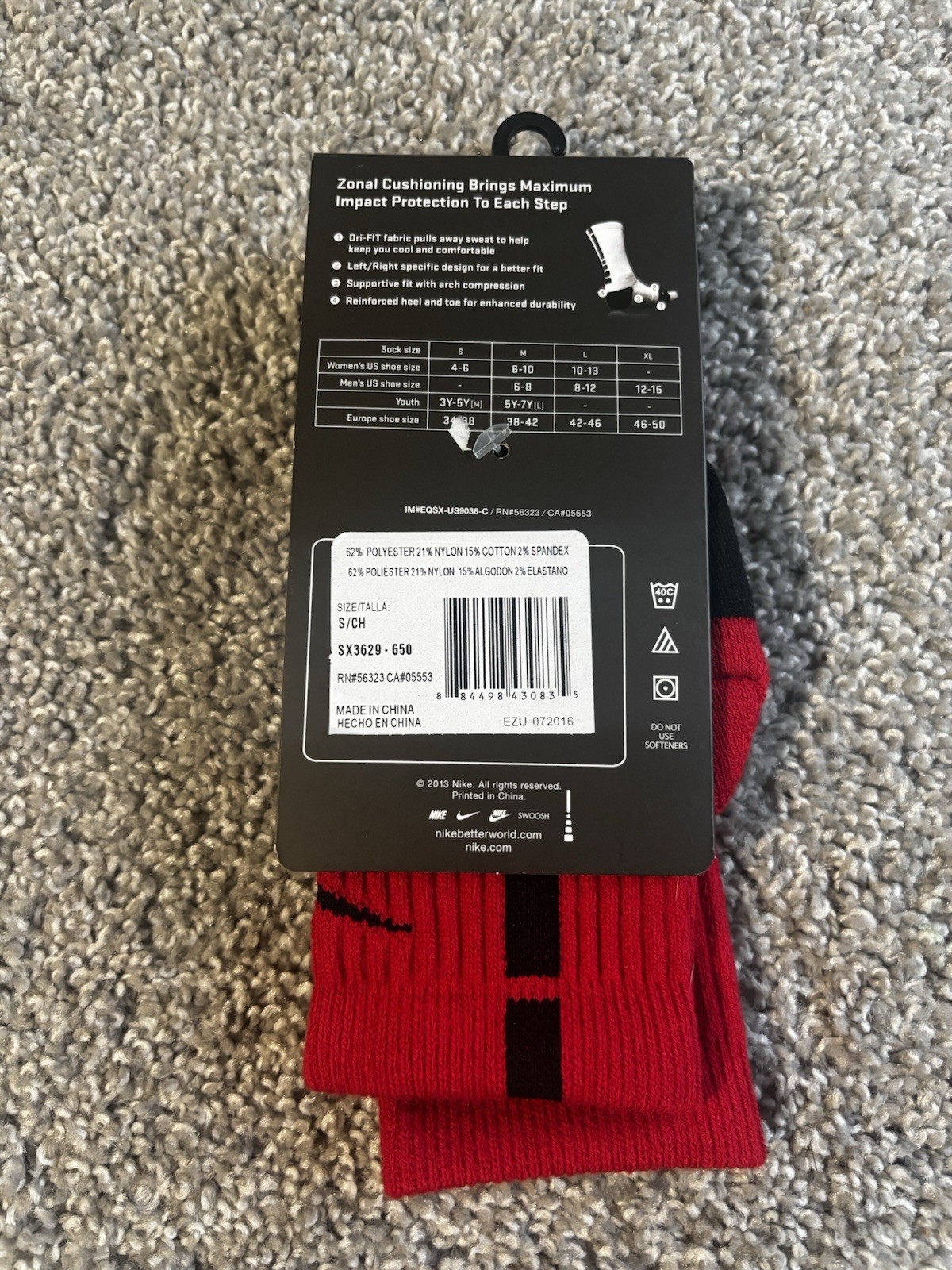 Nike Elite Cushioned Basketball Crew Socks Red/Black Size S 1 Pair SX3629-650