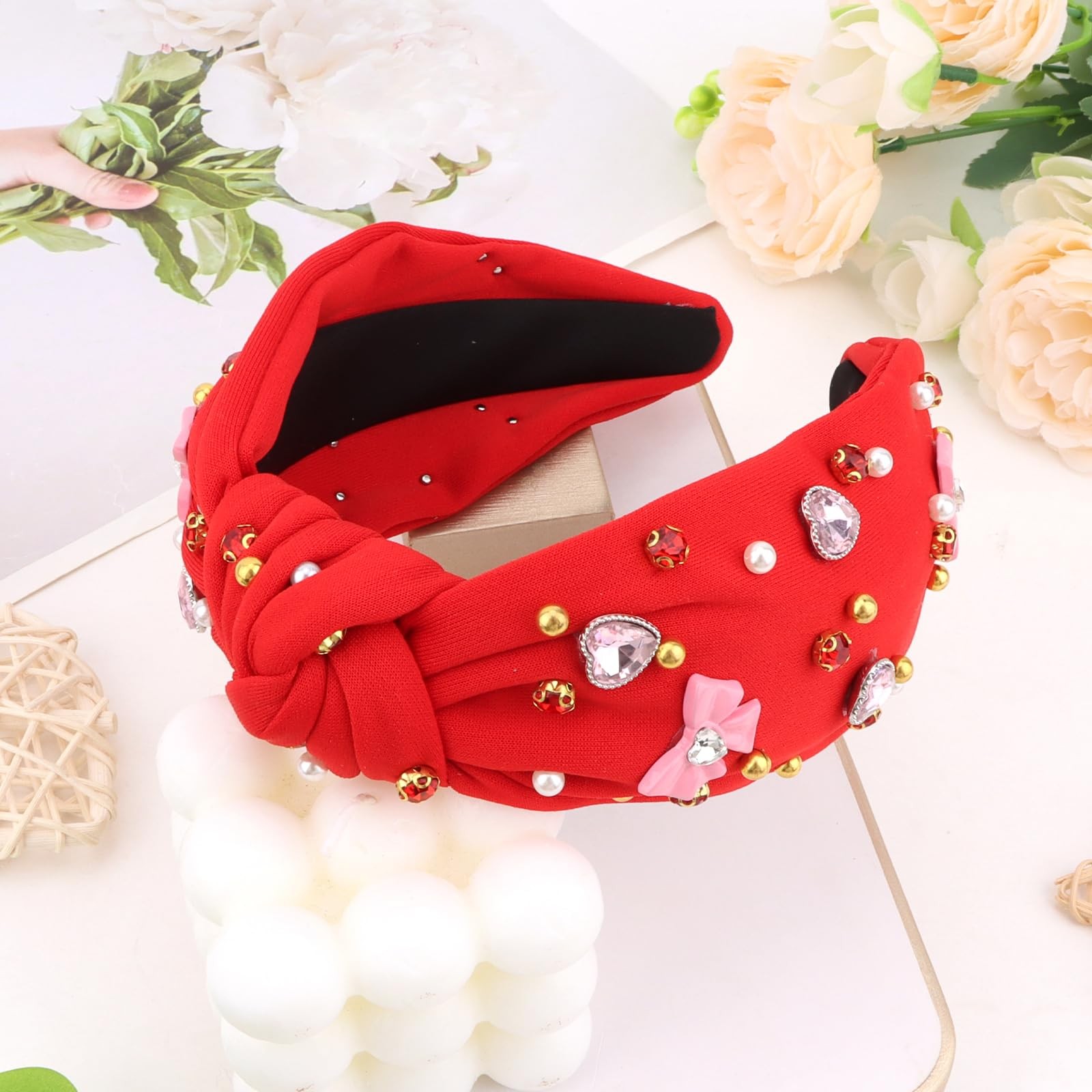Red Valentine’s Day Knotted Bow Heart Rhinestone Pearl Headband Accessory