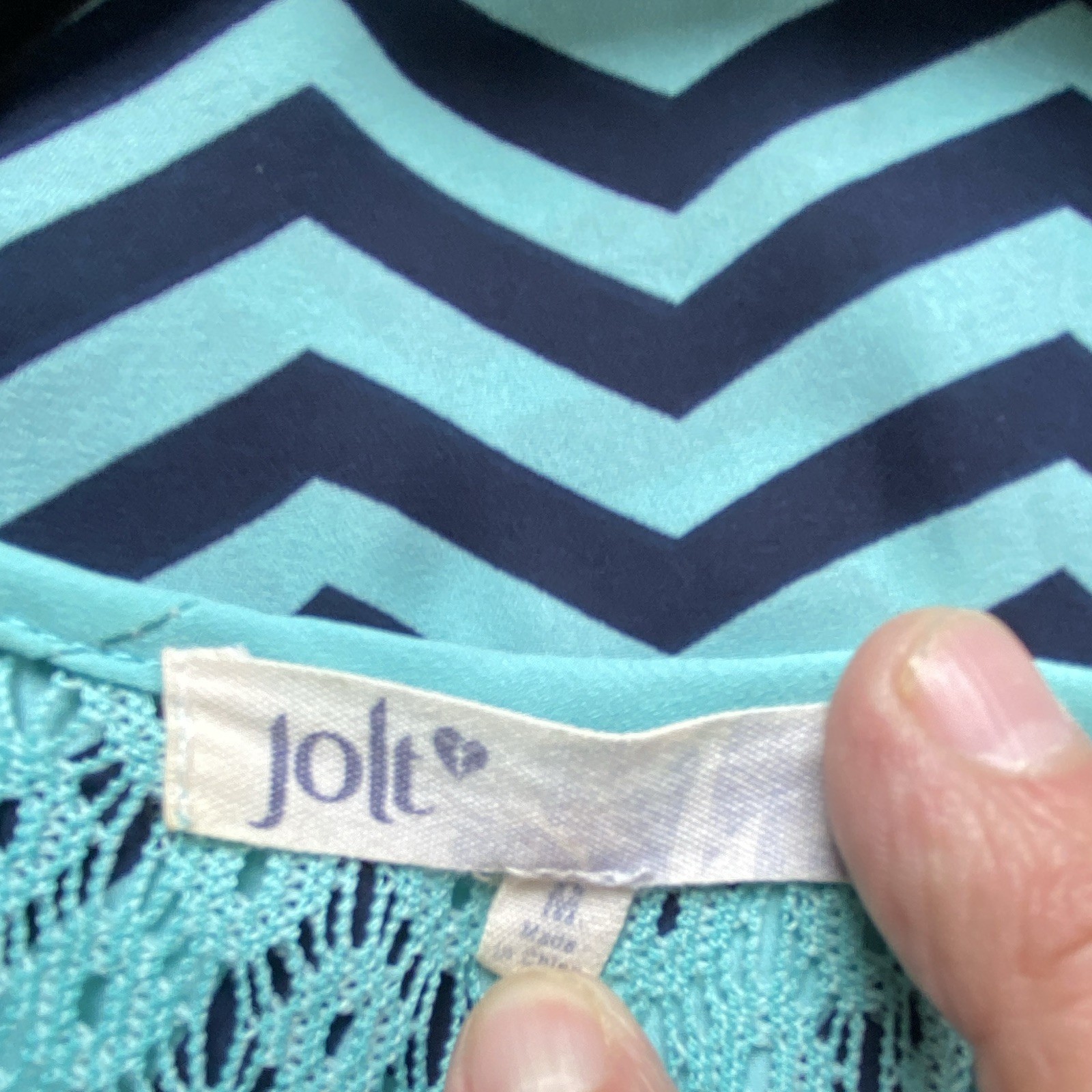 Jolt Boho Peasant Bell Sleeve Blouse, Size Medium, Aqua And Navy Blue Print