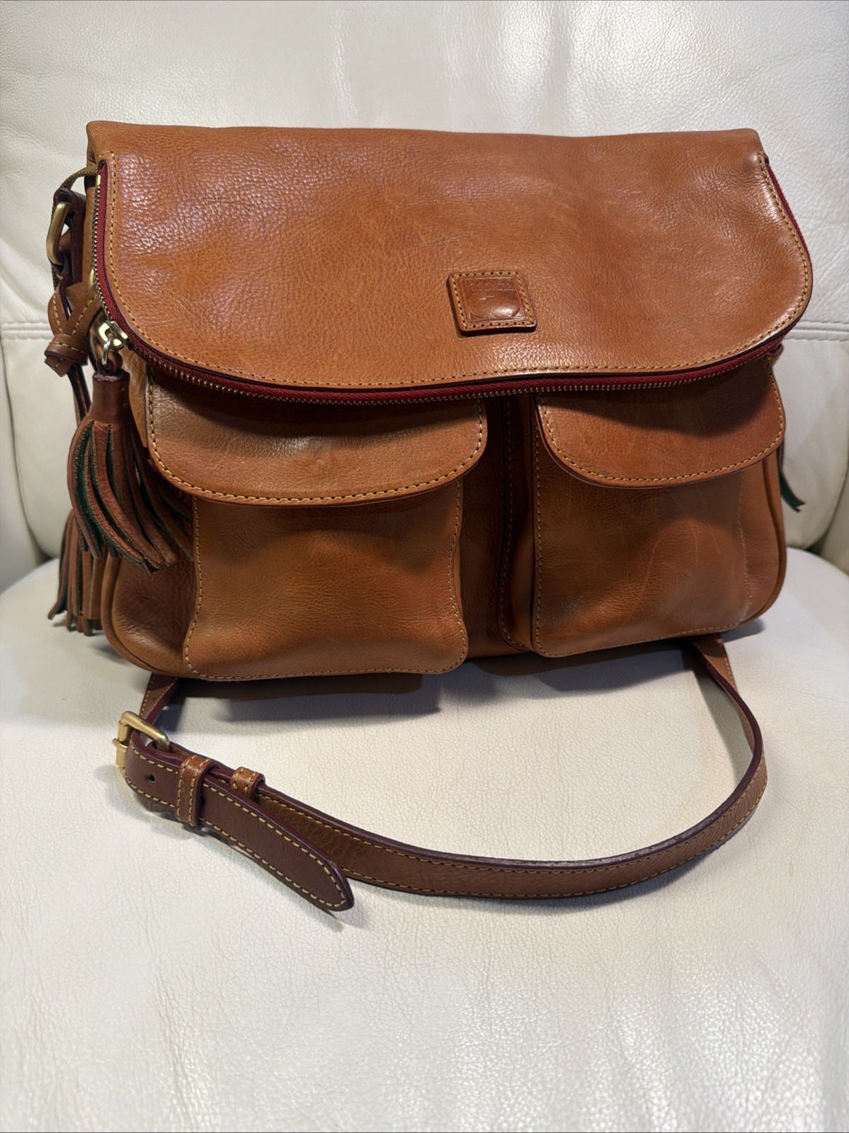 Dooney Bourke Brown Florentine Leather Saddle Messenger Flap Zipper Shoulder Bag