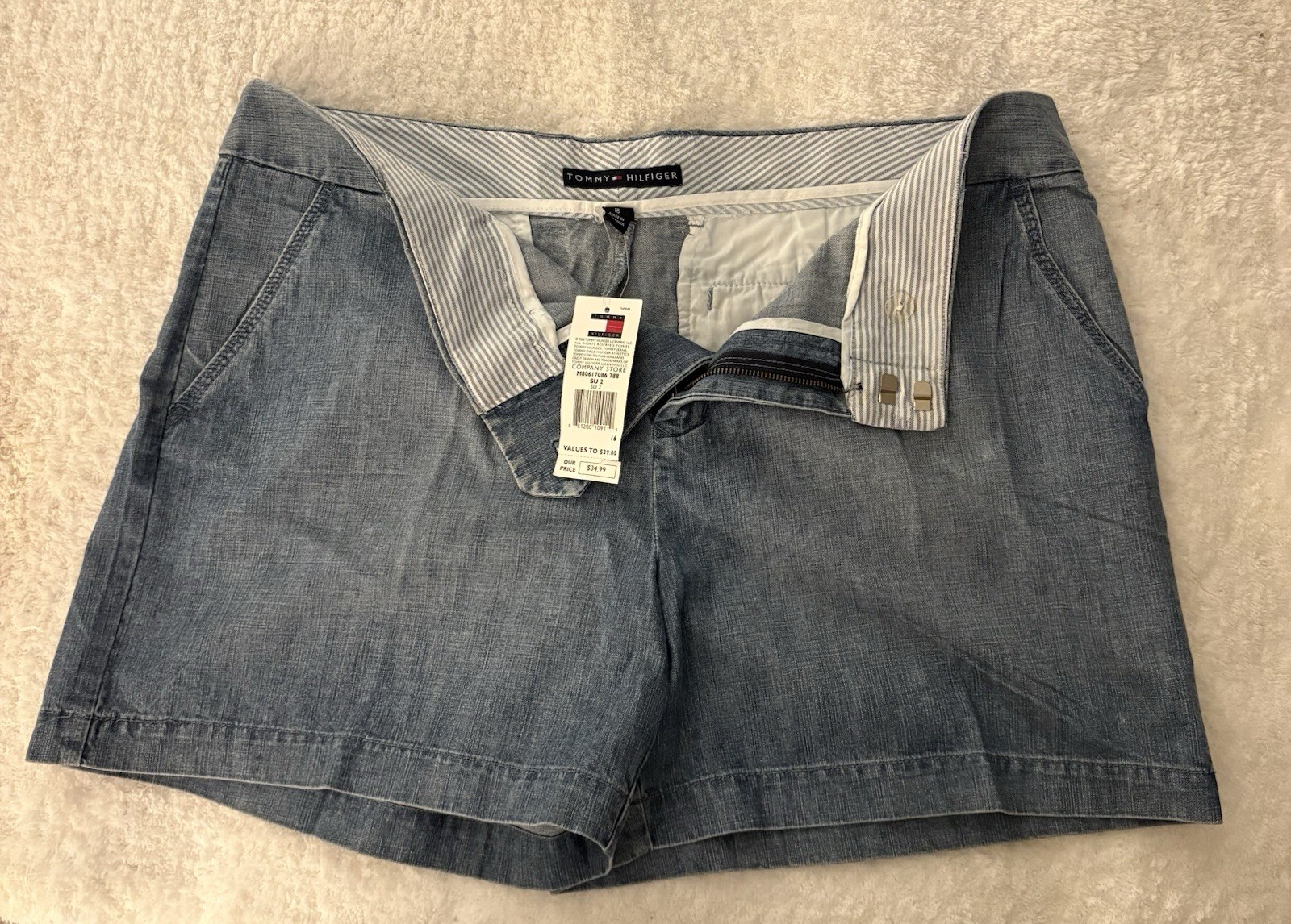 Tommy Hilfiger Women’s Blue Chambray Chino Shorts Size 16 Classic Fit Mid Rise